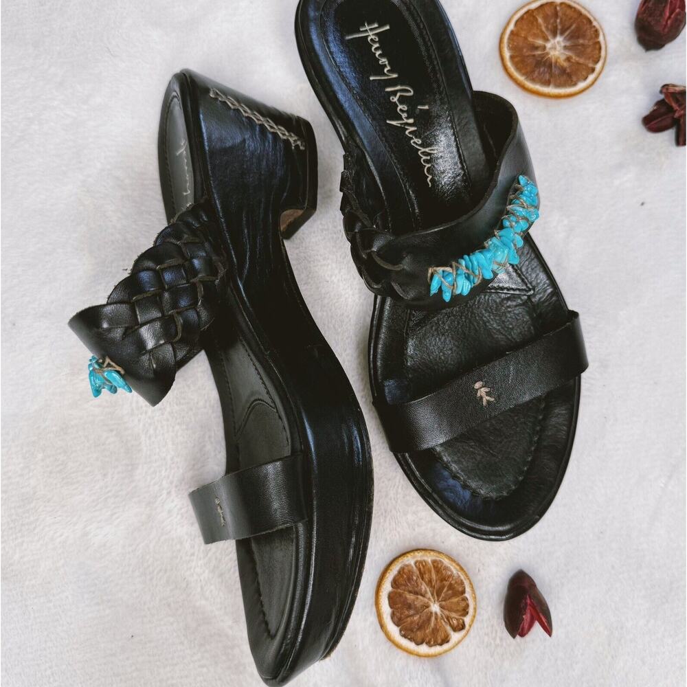 Henry Beguelin Sandals 37 Western Turquoise Black Leather Chunky Luxe Platforms